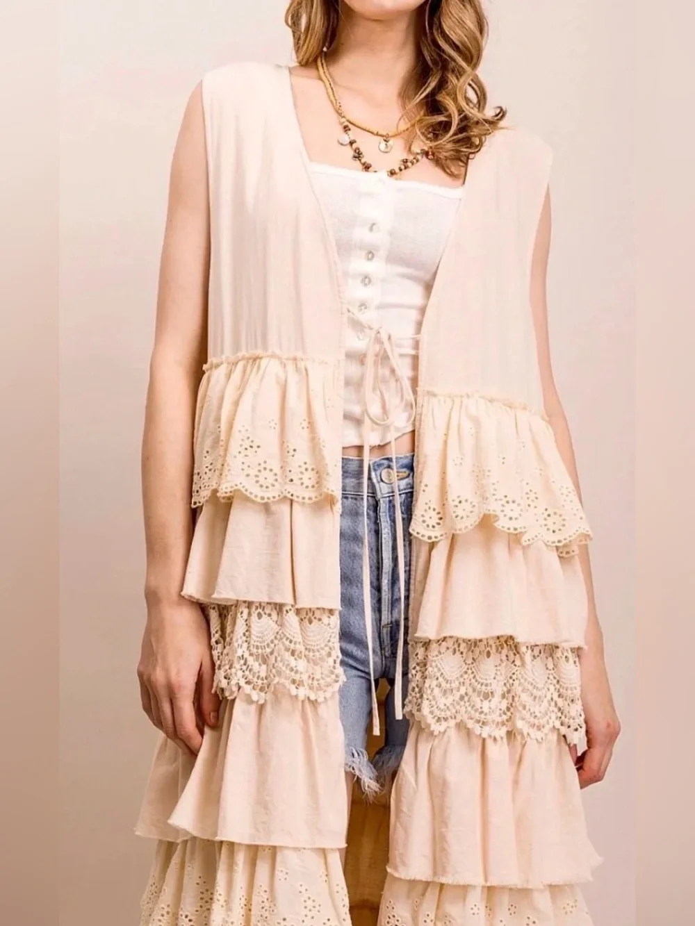 Boho Tiered Lace Vest Duster — Cream